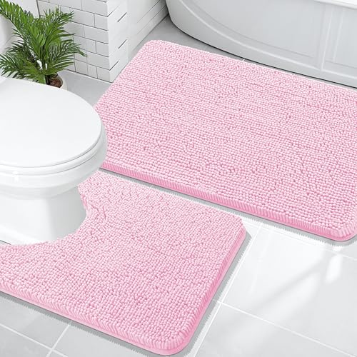 Image of OLANLY Bathroom Rugs Sets 2 Piece, Soft Absorbent Chenille Bath Mats and U-Shaped Contour Toilet Mat Area Rug Set, Machine Washable Bath Carpet, Home Decor Accessories(36 inchx24 inch+24 inchx20 inch, Pink)