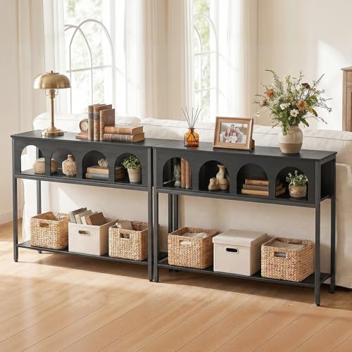 Image of HOOBRO Narrow Console Table, Entryway Table with 3-Tier Storage, Sofa Table, Behind Couch Table with Arched Design for Living Room, Entrance, Hallway, Black BB106XG01