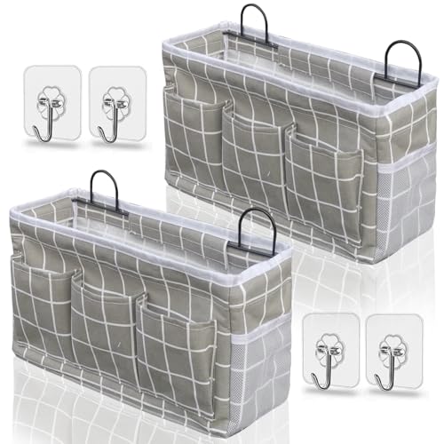 2pcs Light-Style Wall Hanging Storage Bag, Linen Fabric Door Hanging Organizer Baskets with Pockets, Waterproof Bin for Bedroom, Kitchen, Office, RV Camper (GreyGrid-2pcs)