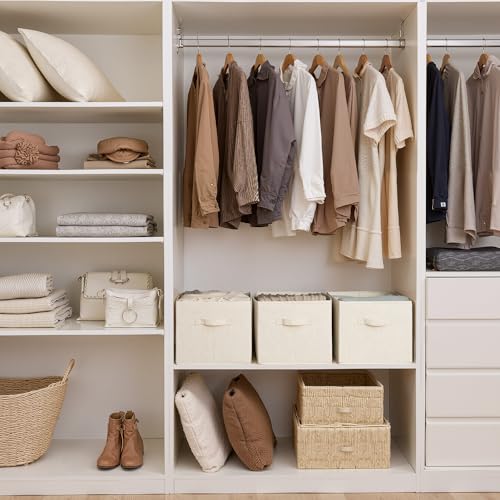 StorageWorks Storage Baskets for Shelves, Foldable Fabric Closet Storage Bins with Handles, Fabric Storage Bins Clothes Organizer, Beige(Cotton-linen), 3-Pack, Large by StorageWorks - Image 3