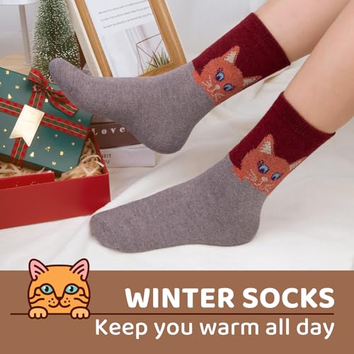 Image of 5 Pairs Wool Socks for Women, Winter Warm Cute Cat Crew Socks
