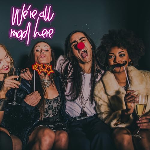 Image of WLHOPE We're All Mad Here Neon Sign Pink Neon Signs for Wall Decor Alice In Wonderland Party Decorations Connectivity Via Neon Light for Bedroom Home Dorm Wedding Party Bar Pub Salon Christmas Gifts