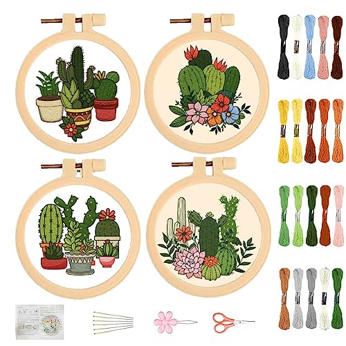 FREEBLOSS 4 Set 3.7'' Small Embroidery Kit with Cactus Patterns and Detailed Instructions, Embroidery Starter Kit for Beginners Cross Stitch Kits for Adults