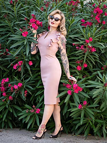 Image of Knitee Women's Vintage Ruffle Sleeve V-Neck Bodycon Evening Party Cocktail Pencil Sheath Dress