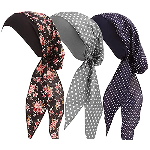 Ever Fairy Vintage Elastic Wide Band Cotton Multifunction Hair Loss Wrap Print Bonnet Chemo Women Head Scarf Turbans Night Sleep Hat Cap (3 Color Pack B)