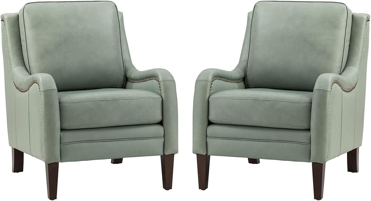 HULALA HOME Genuine Leather Accent Chair Set of 2, Upholstered Armchair Living Room Chair with Curved Arms and Wood Legs, Modern Lounge Singe Sofa Chair for Bedroom Apartment Office Waiting Room, SAGE