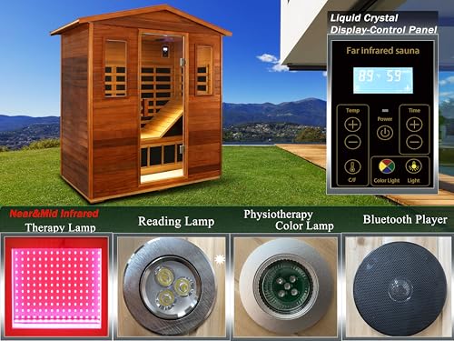 Image of LTCCDSS Ultra-Low EMF Full Spectrum Outdoor Sauna 3-Person, Mahogany Far Infrared Saunas for Home, Near&Mid-IR Light, EMF 0.1-1mG, Bluetooth & Chromotherapy, 81.1 * 45 * 83.5 inch
