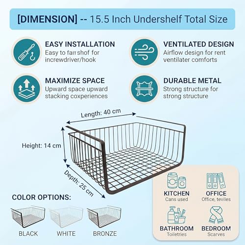Image of Styleys Kitchen Under Cabinet Shelf Wire Rack Organizer Storage Undershelf Basket (Black, 15.5-inch S11027) - Set of 2, Tiered Shelf