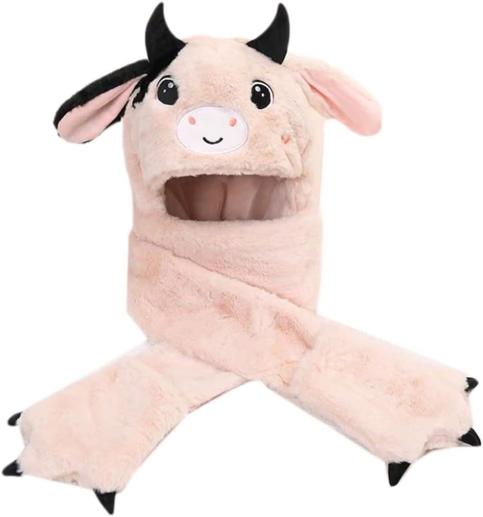 Scarf,Cow Plush Hat Scarf Gloves Mitten Ear for Beanie Hat in Cold Weather Coldproof for Winter Daily Wear Go to Scarf(Apricot)