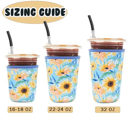 Image of Reusable 3-Pack Iced Coffee Cup Sleeve, Insulated Neoprene, Beverage Holder for Iced Coffee, Durable Drink Sleeve for Cold Beverages, Sunflower Smile