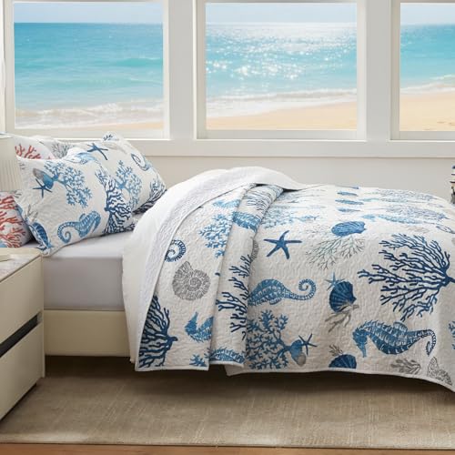 LEAONME Coastal Quilt Set Full/Queen Size - Lightweight Microfiber Reversible Bedspread, 90''x98'', Sea Blue, Includes 2 Shams - Image 3
