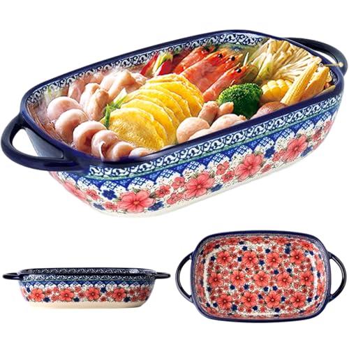 Muzrunq Fuente para Hornear, Fuente para Horno de cerámica Resistente al Calor de 730ml con Asas Dobles, lasaña Rectangular con Estampado de Flores, cazuela Lavable Antideslizante-