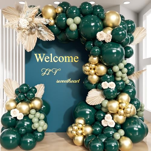 PityBlns Emerald Green Balloons Arch Kit 130pcs Double Stuffed Dark Hunter Forest Green Sage Green Gold Balloon Garland Kit for Safari Birthday Baby Shower Wedding Spring Jungle Backdrop Party Decor