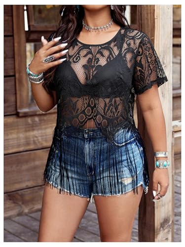 Women's Plus Size Sheer Fringe Boho Tops Lace Hollow Out Short Sleeve T Shirt Beach Vacation Tee3