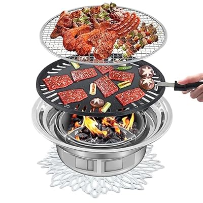 Panghuhu88 Korean BBQ Grill,Portable Household Charcoal Barbecue Grill, Non-stick Round Carbon Barbecue Grill with Insulation Pad Camping Grill Stove for Outdoor and Picnic