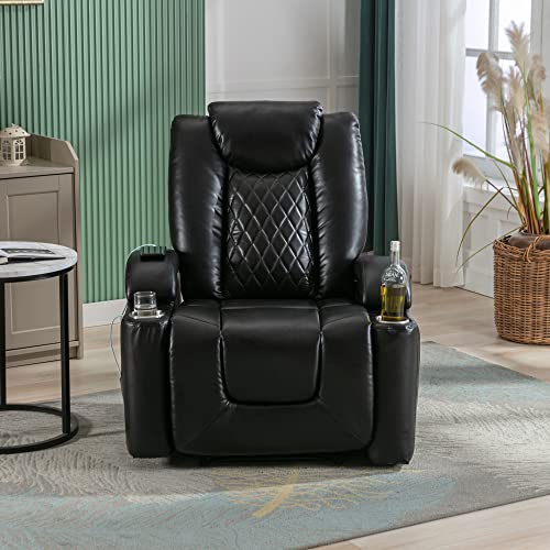 Electric Recliner Chair With Usb Charge Port, Power Motion Recliner With Cup Holder -Pu Lounge Chair For Living Room,Black #TOP4
