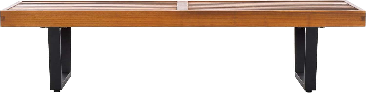 SAFAVIEH Outdoor Patio Furniture Heather Natural Brown Solid Wood & Black Legs 60-inch Steel Bench