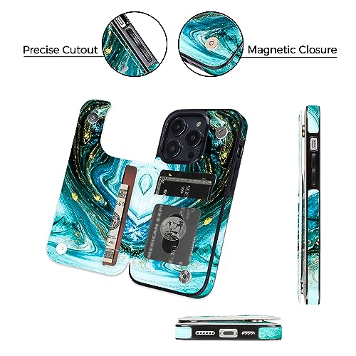 Image of uCOLOR Compatible with iPhone 13 Pro Wallet Case with Card Holder Slots Marble Flip Leather RFID Kickstand Phone Wallet Cover for Women and Girls 6.1 inch (Blue Turquoise Marble, iPhone 13 Pro 6.1 inch)