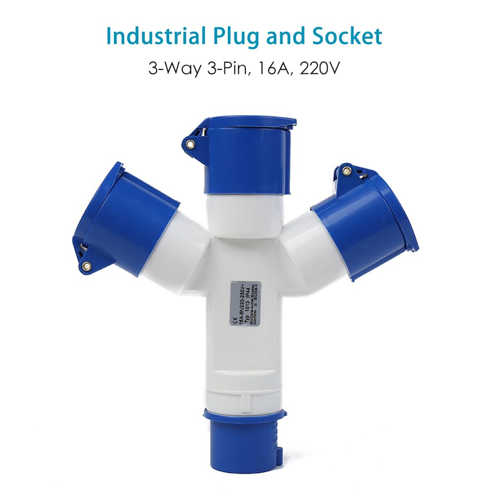 3-Way Splitter 16A 220V IP44 3 Way 3 Pin Industrial Plug and Socket Connector, 3 Way 16A - Image 2