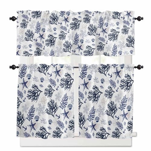 Navy Blue Coastal Kitchen Curtains 36 Inch Length, 3 Piece Rod Pocket Small Half Tiers and Valance Set, Coral Shell Summer Beach Nautical Small Large Window Treatment Decor for Bedroom/Bathroom Sink