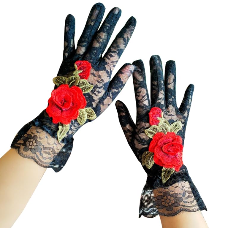 Specell Women's Lace Gloves Short Embroidered Flowers Gloves for Brides Wedding Cocktail Parties Tea Parties Evenings 1920s
