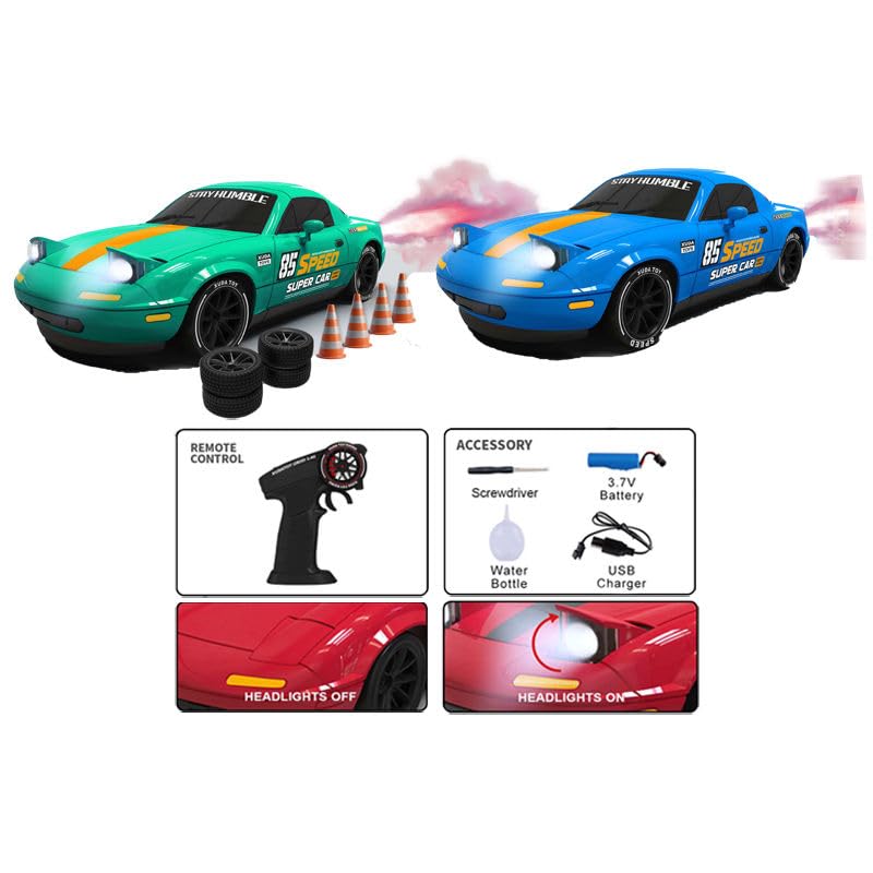 Image of 1:24 RC Drift Car 4WD, 20km /h Remote Control Car with Smoke Effect, Pop-Up Headlights, LED Lights, Drift Tires, Rechargeable Toy Car for Kids & Adults (Red)