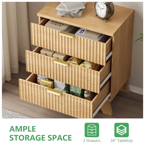 Image of Fluted Dresser for Bedroom with 3 Drawers, 24 inch Wide Modern Chest of Drawers with Metal Handle, Wooden Dresser TV Stand, Wood Closet Clothes Storage Organizer for Living Room, Hallway, Natural Oak