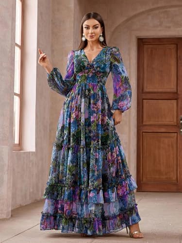Image of TOLEEN Summer Casual Dresses for Women 2024 Spring Fashion Boho V Neck Long Sleeve Ruffle Floral Print Elegant Maxi Dress
