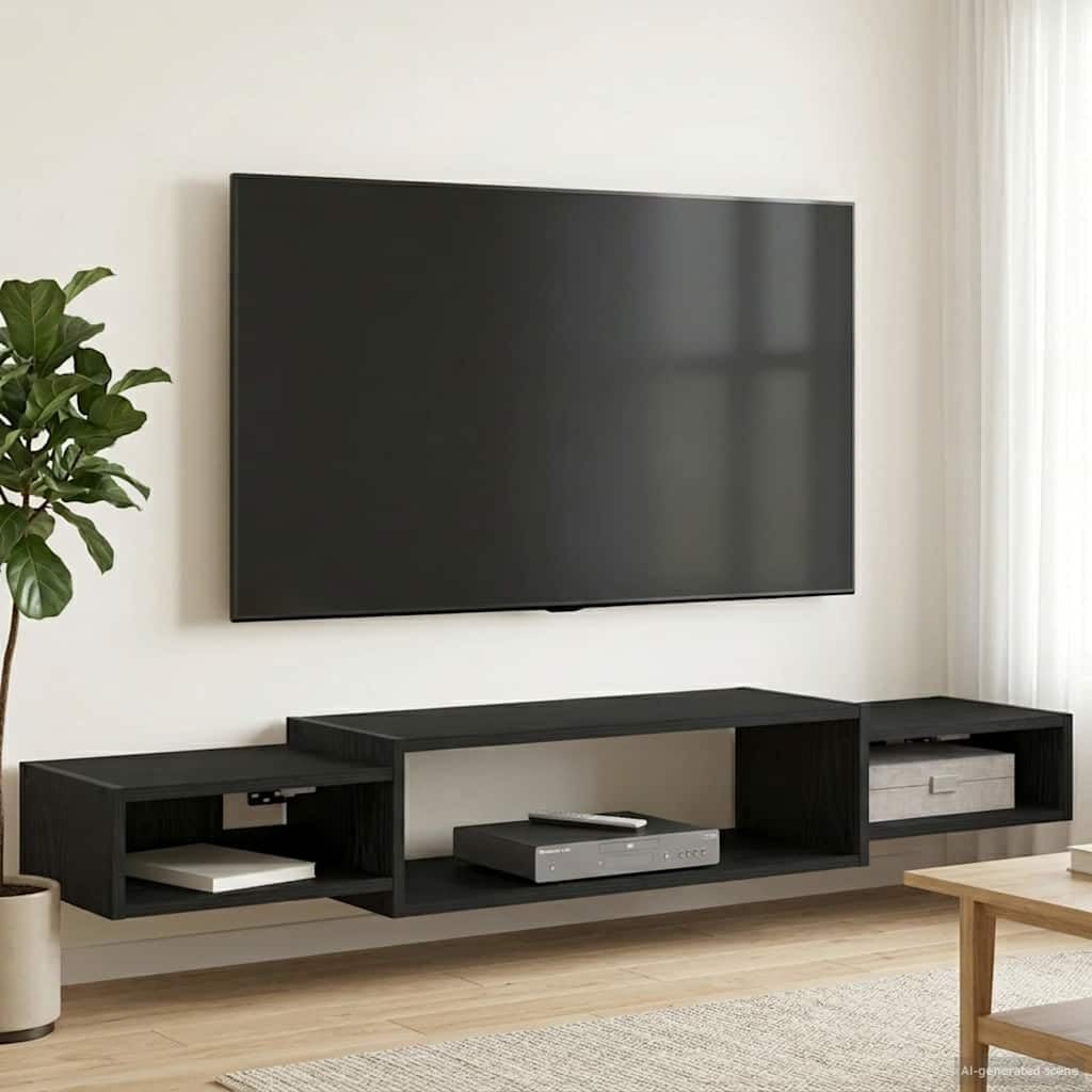 Mobile TV da parete in rovere nero, 140 x 28 x 21 cm, con 3 ripiani, supporto da parete per soggiorno, mensola sospesa, sistema da parete salvaspazio, mensola da parete versatile