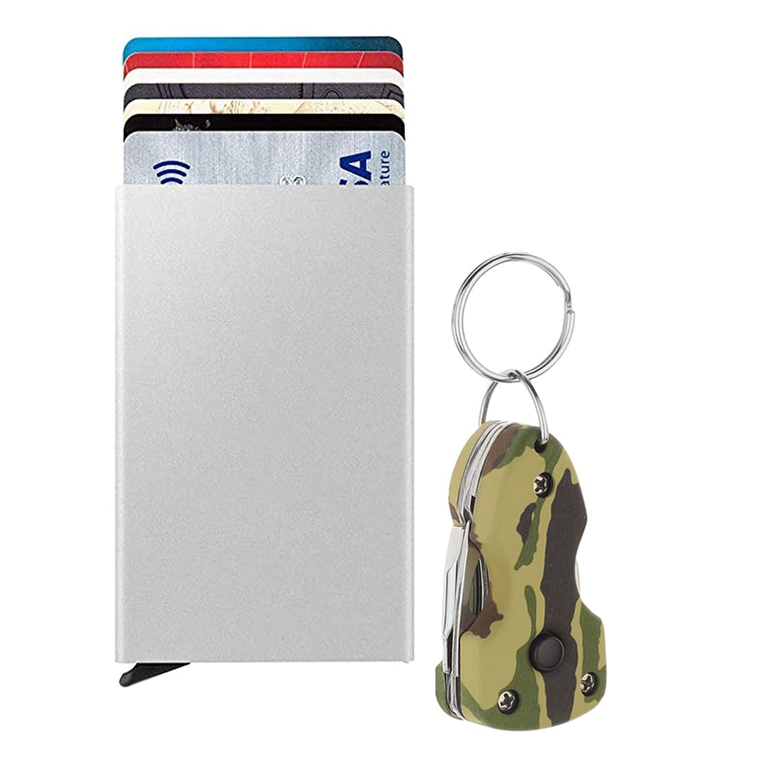 Silver Pop-up Aluminium Debit/Credit Card Holder with Army Mutlitool Metal Keychain Unisex (Combo of 2)-image-0