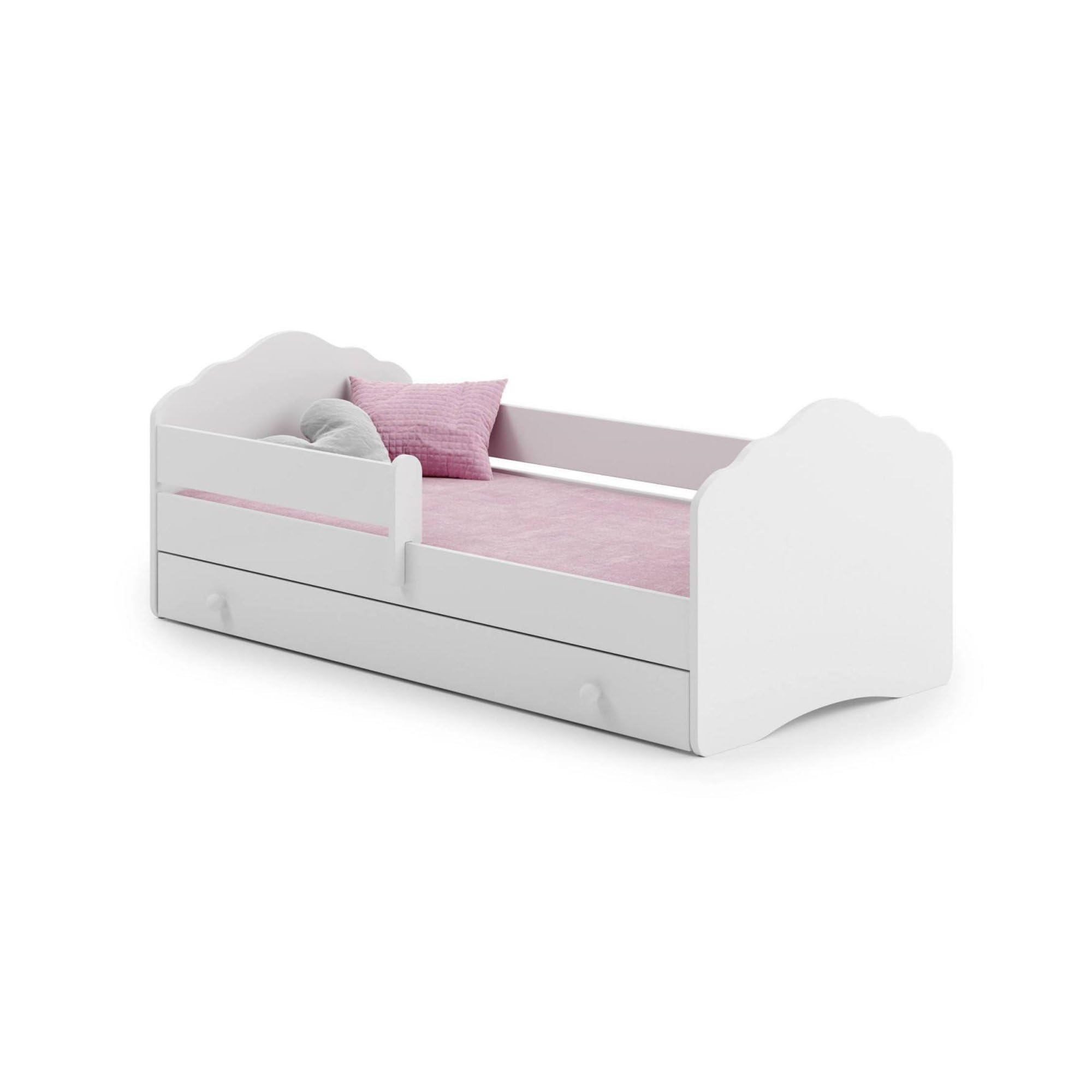 Dmora - Einzelbett für Kinder, Kinderbett mit Rausfallschutz und Wolken-Kopfteil, 164 x 88 x 63 cm, weiß