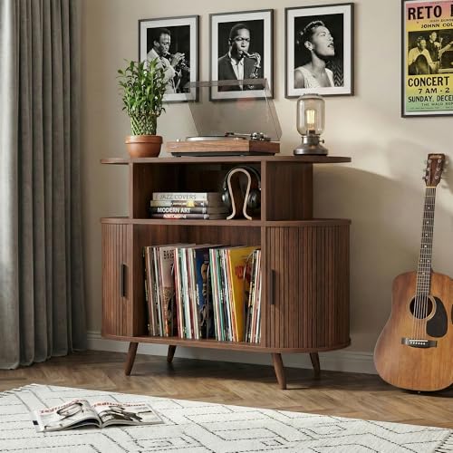 35" Record Player Stand with Storage, Media Stereo Shelf Charging, Walnut 35" Record Player Stand with Storage, Media Stereo Shelf Charging, Walnut - Image 1