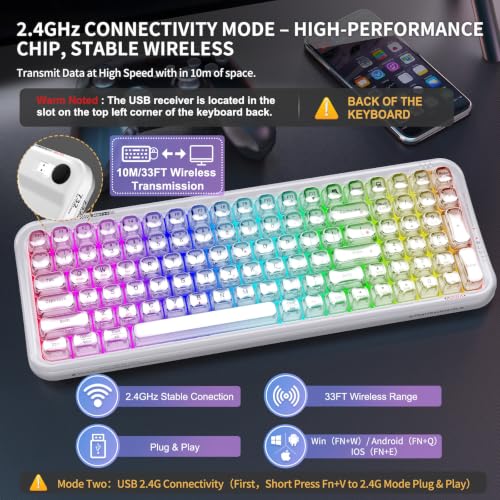 Image of FOPETT Wireless Computer Keyboard with RGB Backlit, Tri-Mode Bluetooth 5.0 /USB-C /2.4GHz Ergonomic Gaming Keyboard - Full-Size Rechargeable Transparent Keycap for Laptop /Windows /PC - White
