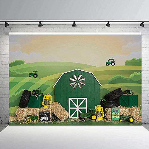 MEHOFOND Tractor Birthday Party Backdrop Props Boy Girl Happy 1st Birthday Green Farm Portrait Photography Background Photo Banner for Cake Table Supplies 7x5ft