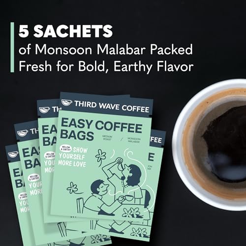 Image of THIRD WAVE COFFEE Easy Coffee Bags, Dark Roast, (Monsoon Malabar, 5 Bags)