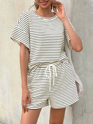 Image of Tankaneo Womens Pajama Sets Striped 2 Piece Lounge Sets Short Sleeve Oversized T Shirts Drawstring Shorts Matching Set