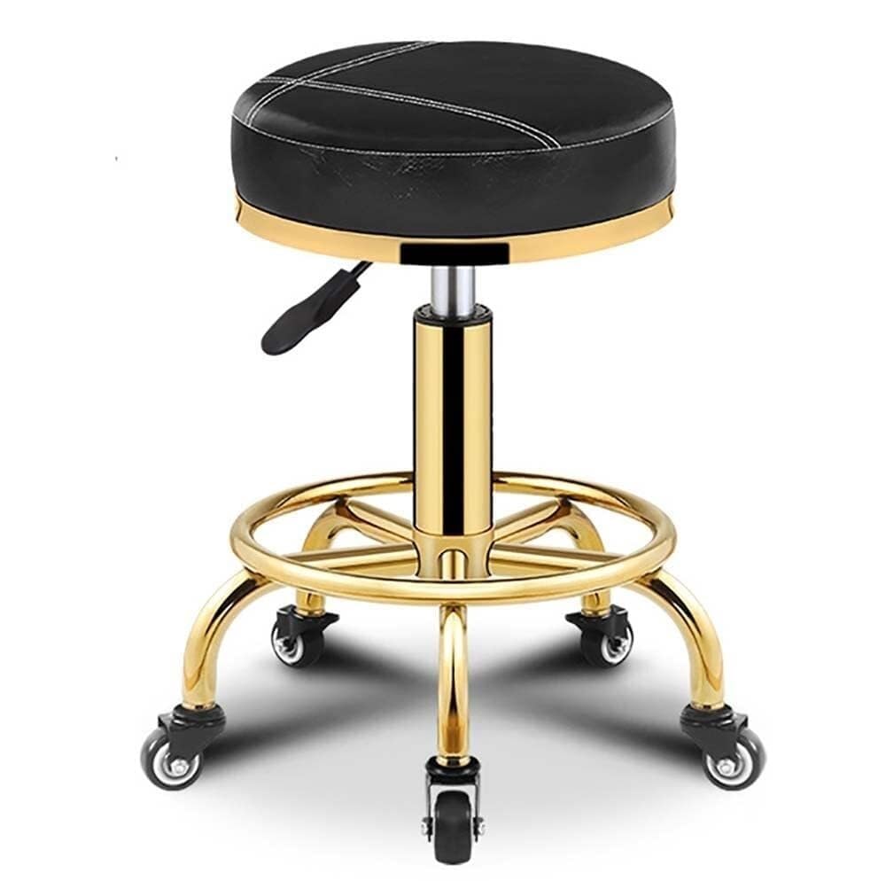 Taburete Giratorio Redondo De PU con Reposapiés,Taburete De Bar Moderno para Salón De Belleza,SPA,Maquillaje,Manicura,Dibujo,Tatuajes,Masajes,Altura Aju(Negro-Talla Única)