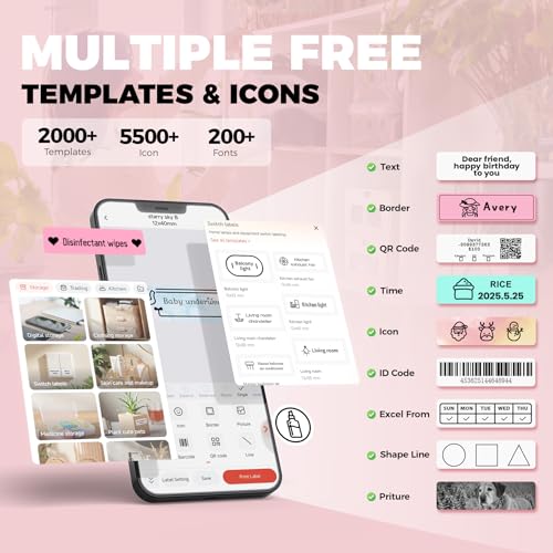 Image of Label Maker Machine with Tape, Label Makers with Multiple Templates, Mini Label Maker Widely Used in Home Office School Organization, Bluetooth Label Printer Easy to Use for Small Labels, Pink
