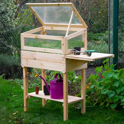 dobar® 58397e erhöhtes Frühbeet aus Massivholz Gr. M | Hochbeet mit Frühbeetaufsatz | Frühbeetkasten mit Ablagefläche & ausklappbarem Tisch | Pflanzkasten mit Gewächshaus | 116 x 40 x 110 cm | Natur