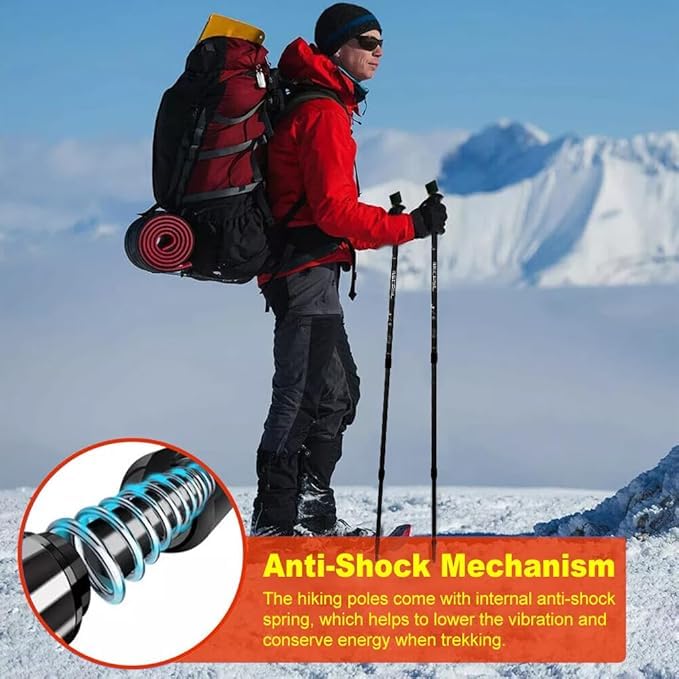 Image of Trekking Poles - Lightweight Adjustable Aluminium Hiking Sticks with Shock Absorber, All-Terrain Tips & Carry Bag (Black, Pack of 1)