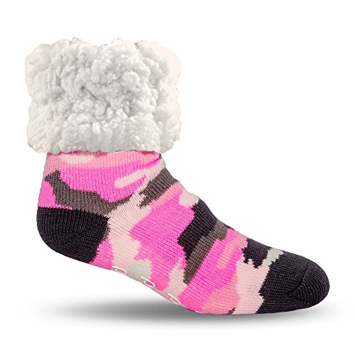 Pudus Camo Pink Cozy Winter Slipper Socks for Women and Men with Non-Slip Grippers and Faux Fur Sherpa Fleece - Adult Regular Fuzzy Socks4