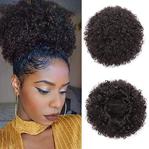 LANSHASH Afro Puff Drawstring Ponytail Extension for Black Women, Color 4# Brown Clip On Hair Extensions Hair Pieces for Women, Short Kinky Curly Fluffy Afro Bun Extension Hairpieces Puff Ponytail ,Brown Bun