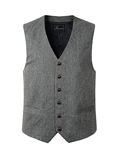 Lucasini mens wool blend tweed herringbone waistcoat vest (m, gre…