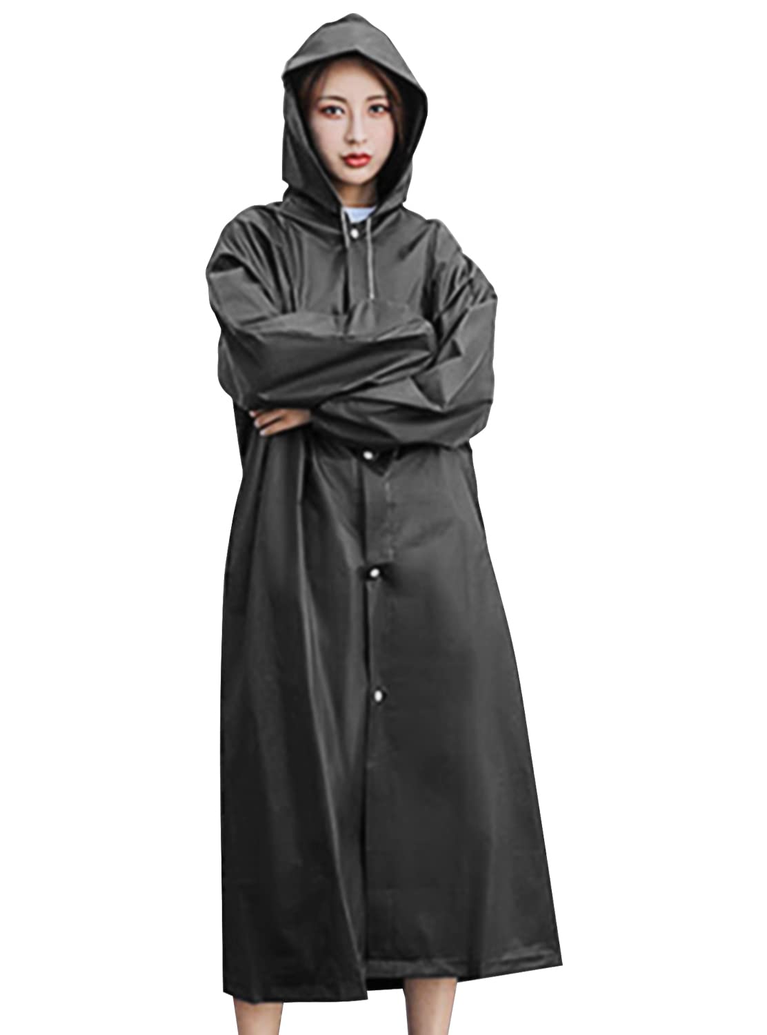 Geiomoo Unisex Black Rain Poncho, Rainwear Cape With Hood And Sleeves, Portable Raincoats For Adult (Black)