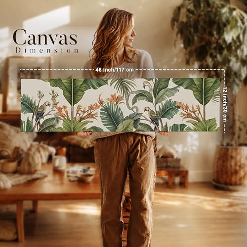 Image of Green Tropical Botanical Canvas Framed Wall Art Painting For Living Room, Green Tropical Leaves & Parrots Painting With Frame Leaf & Bird Nature Wall Art For Home & Office, 12x46 Inch