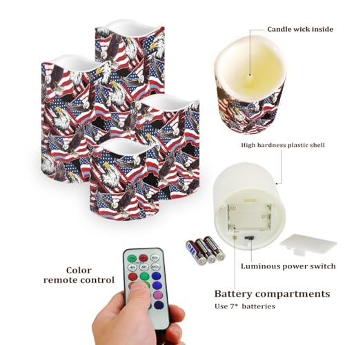 Image of Star Stripes Patriotic Electric Candle American Flag Bald Eagle Print Flameless LED Flickering with Timer Independence Day Patriotic Light for Fireplace Living Room Decor, 4 Pack