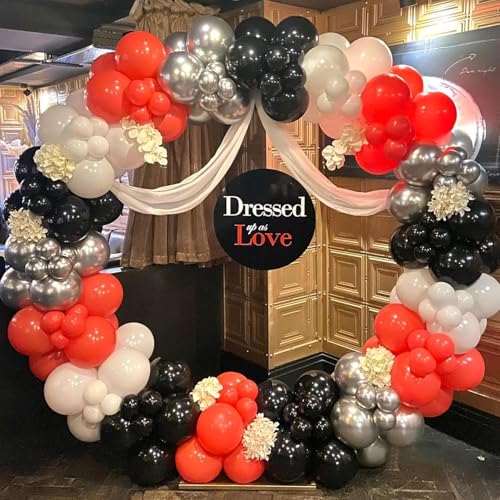Image of Red Black and White Balloon Arch Kit, 201Pcs Explosion Star Red Black White Silver Latex Balloon Garland kit, Different Size Balloons for Anniversary Birthday Racing Car Poker Party Decoration