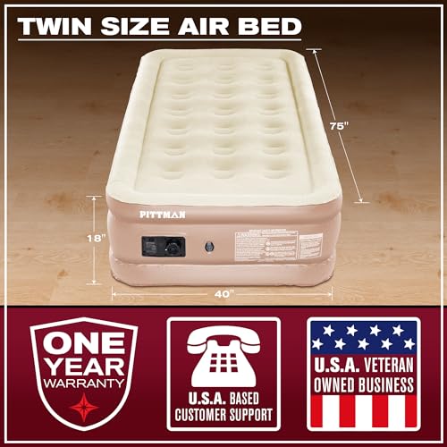 Image of Pittman - Tan Air Mattress Twin with Built in Pump - 18 inch Double High Twin Air Mattress with Built in Pump That Inflates & Deflates - Twin Blow Up Air Mattress is Ideal for Guests or Camping