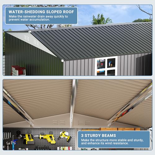 Image of AirWire 14x12 FT Outdoor Metal Storage Shed with Window, Heavy-Duty Galvanized Steel Tool Shed with Lockable Doors, Waterproof Garden Shed for Backyard, Patio, Lawn, Black