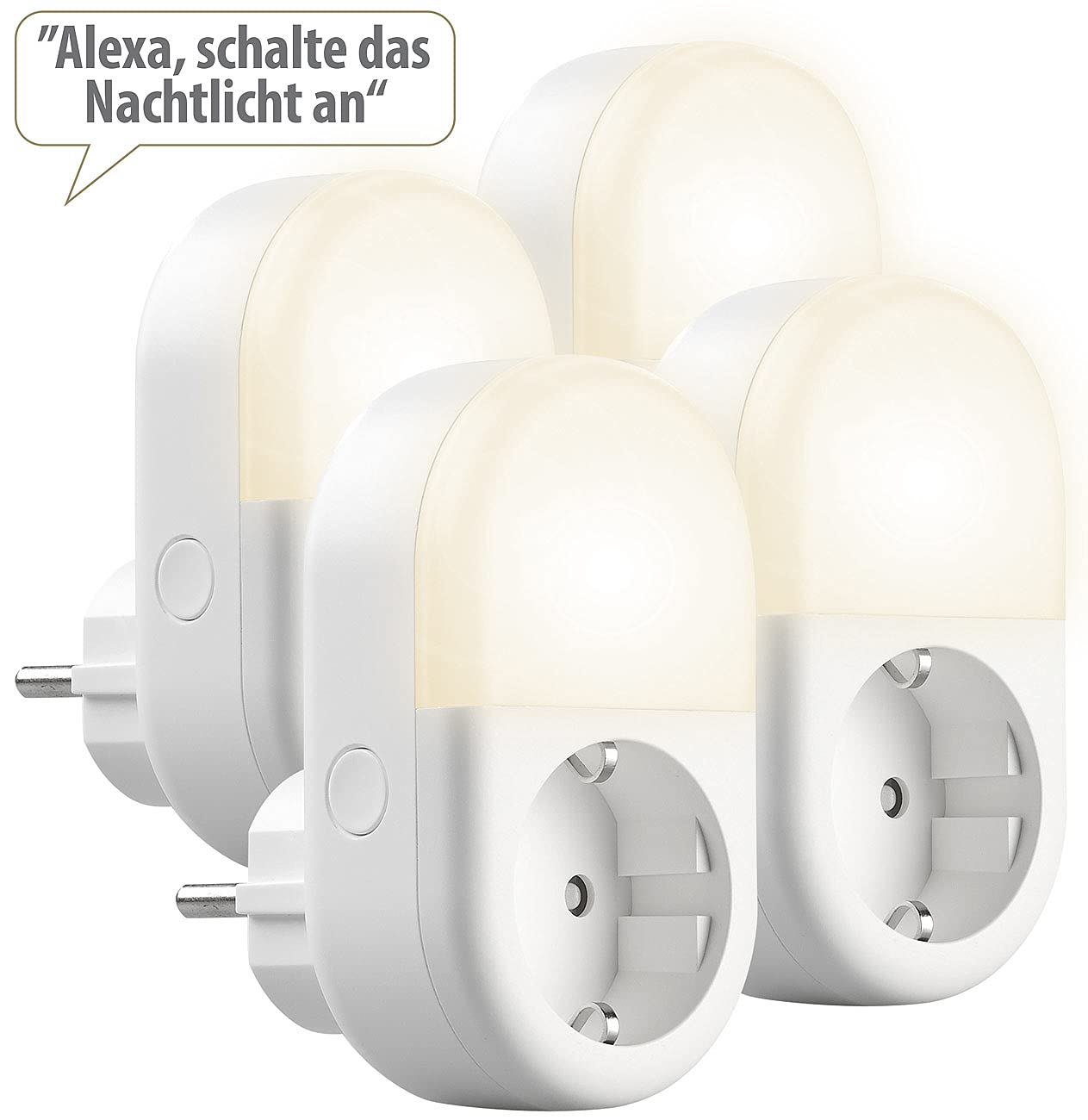 Luminea Home Control Nachtlicht mit Timer: 4er-Set WLAN-Steckdose mit LED-Nachtlicht, App & Sprachsteuerung, 16 A (Nachtlicht Elesion, smartes Nachtlicht)